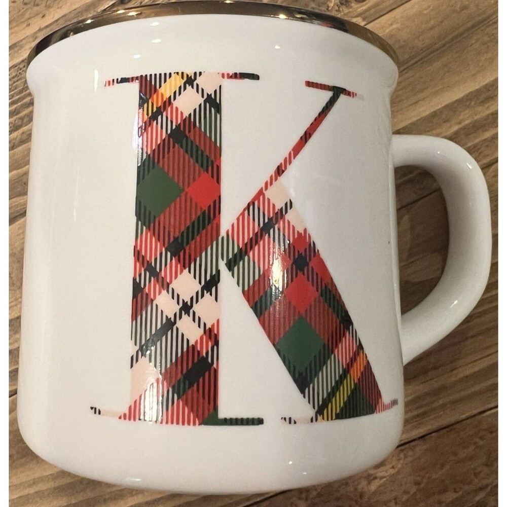 POTTERY BARN STEWART PLAID (k) INITIAL COFFEE MUG Christmas Red Green Table